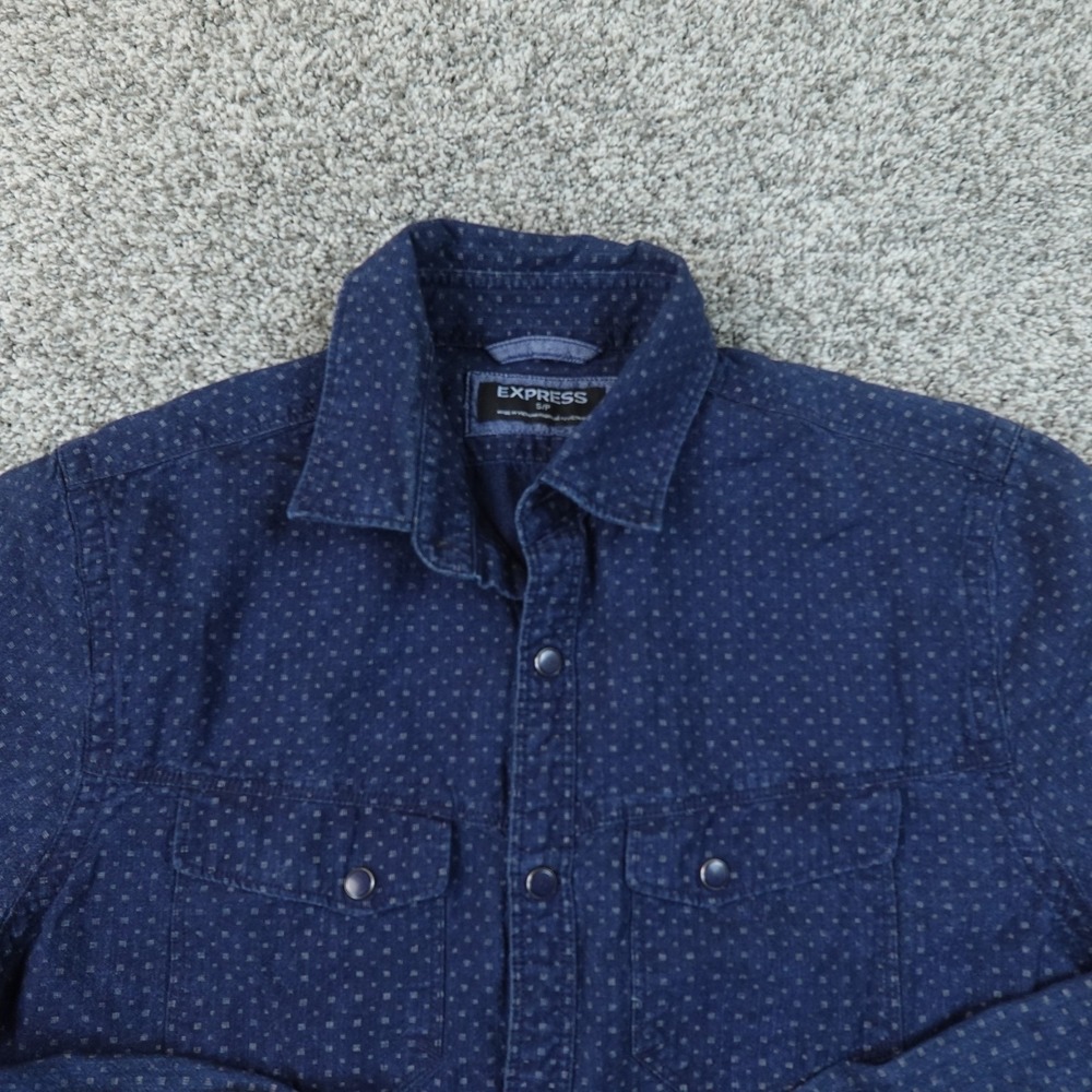 Express Shirt Mens S Blue Denim Western Pearl Snap Geometric Long Sleeve Cowboy